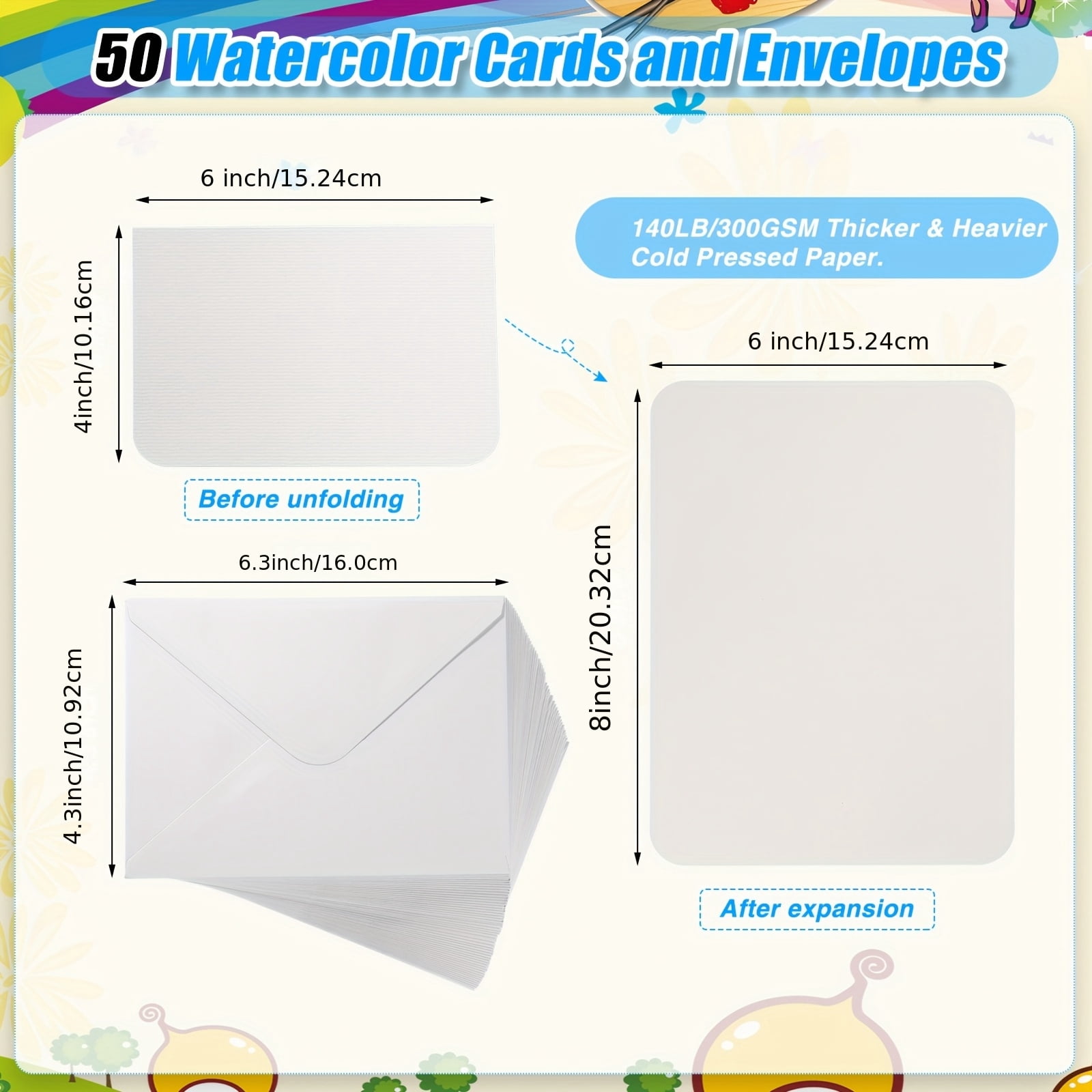 100 Sets Thick Blank Cards and Envelopes 4 X 6 Inch, 140lb/ 300g Watercolor Paper for Greeting Thank You Card, Wedding Invitation, DIY Card Making Supplies for Mothers Day Gift