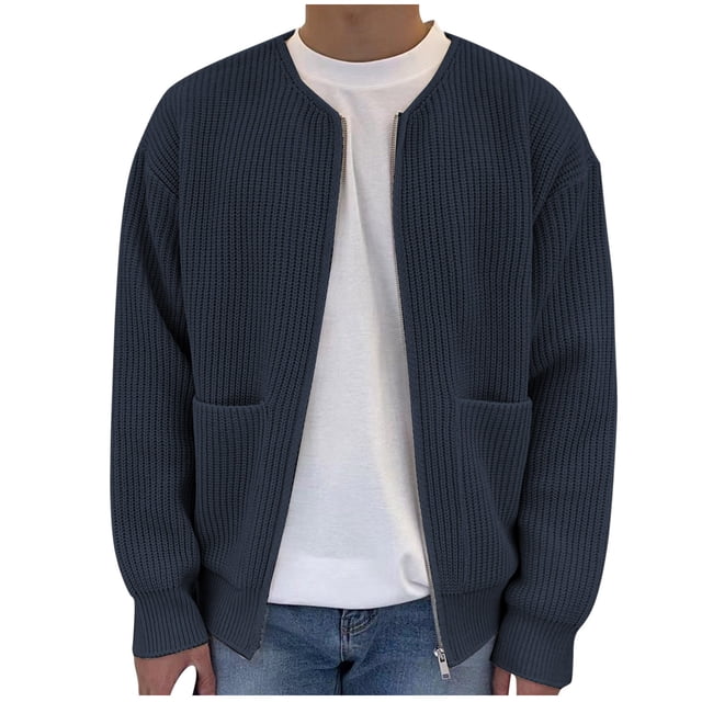 Birdeem Cardigans pour Hommes avec Fermeture Éclair, Cardigan en Tricot Uni à Col Rond en Velours Paon pour Hommes, Manteau Chandail à Fermeture Éclair Décontracté