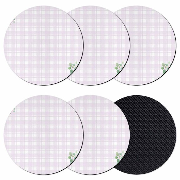 Eucalyptus Leaves Coasters Set of 6, Absorbent Coasters for Drinks, Pink Plaid Summer Botanical Coaster for Desk Coffee Table Protection, Home Decor House Warming Gifts 4"