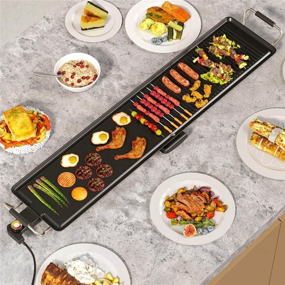 39.5 in. Aluminum Extra Large Electric Teppanyaki Grill with 2 Cooking Surface Adjustable Temperatures and Drip Tray