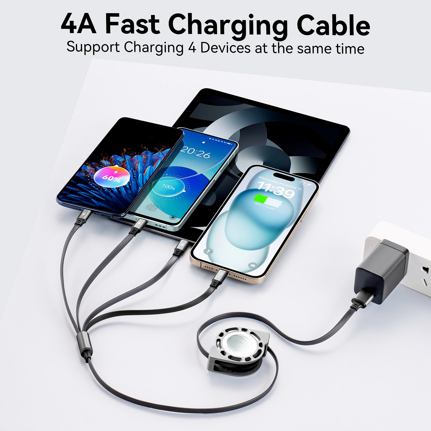 Multi Charging Cable 4A, 2Pack 4Ft Retractable Multi Fast Charger Cable, Multiple Charging Cord, 4 in 1 Multi USB Cable with Type C/Micro USB Ports for Cell Phones/IP/Galaxy/PS/Tablets/iPads
