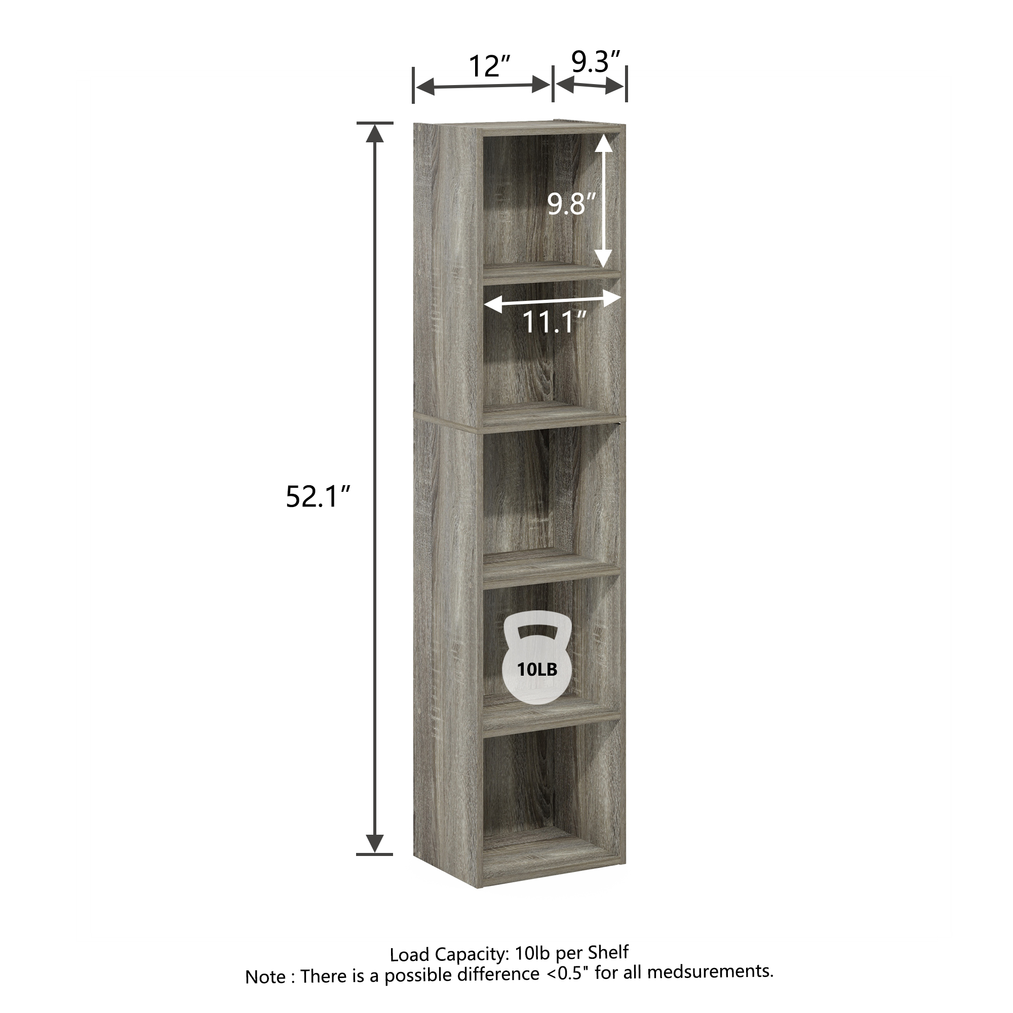 HOMLUX 9" x 12" x 52" Storage Shelf 5 Tier Cube Bookcase, Suitable for Small Space, Gray