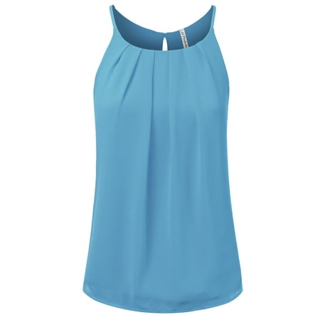 Black Pleated Chiffon - Doublju Women's Round Neck Front Pleated Chiffon Tank Top AQUA 1XL