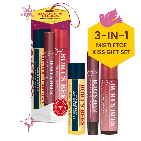Burt's Bees Mistletoe Kiss Gift Set, Vanilla Lip Balm, Tinted Lip Balm and Lip Shimmer, 3 Tubes
