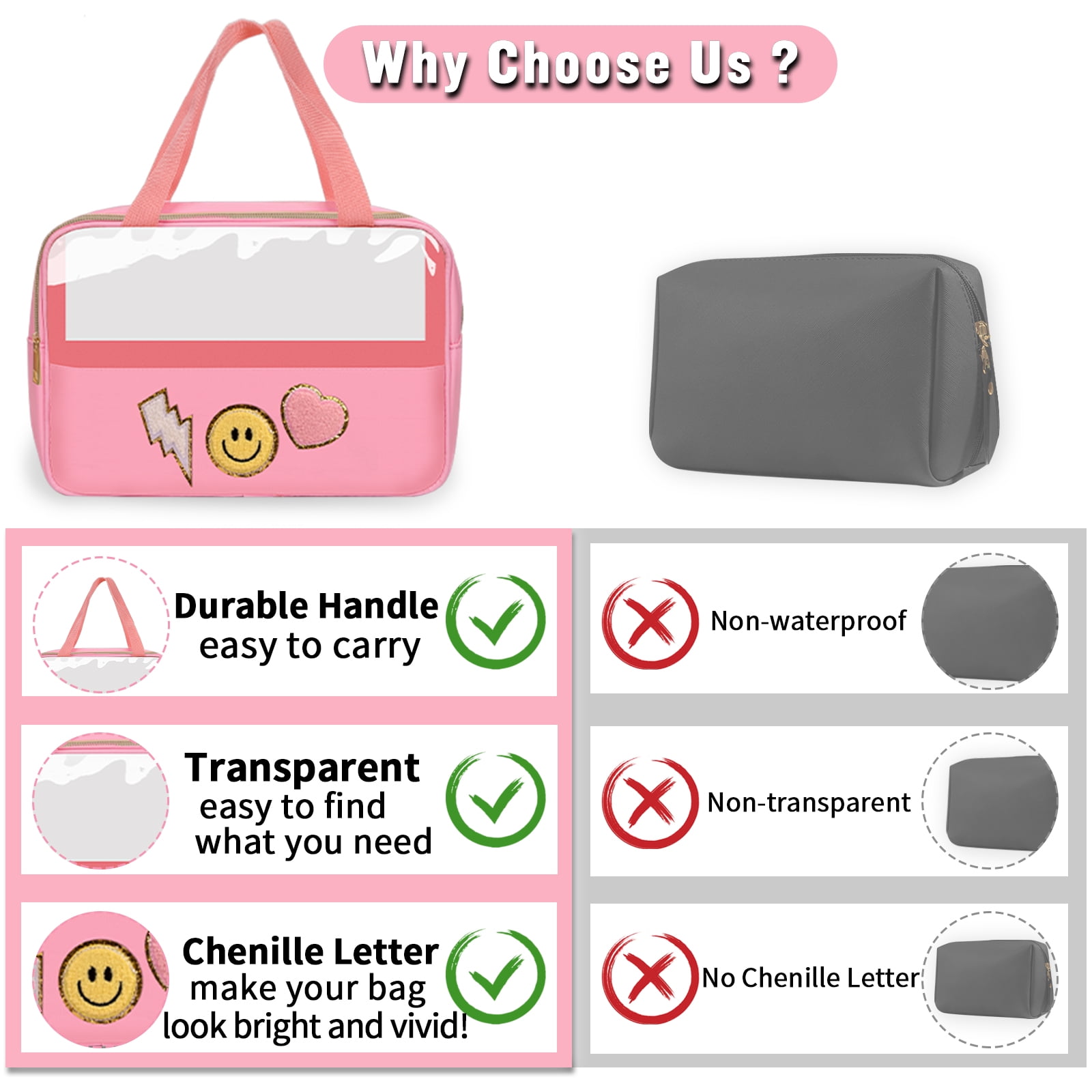  6 Pcs Preppy Patches PU Leather Cosmetic Bag Chenille Letter  Patches Portable Travel Toiletry Bag Preppy Makeup Bag Zipper Pouch Storage  Purse with 26 Decorative Letter Patches for Women Girls