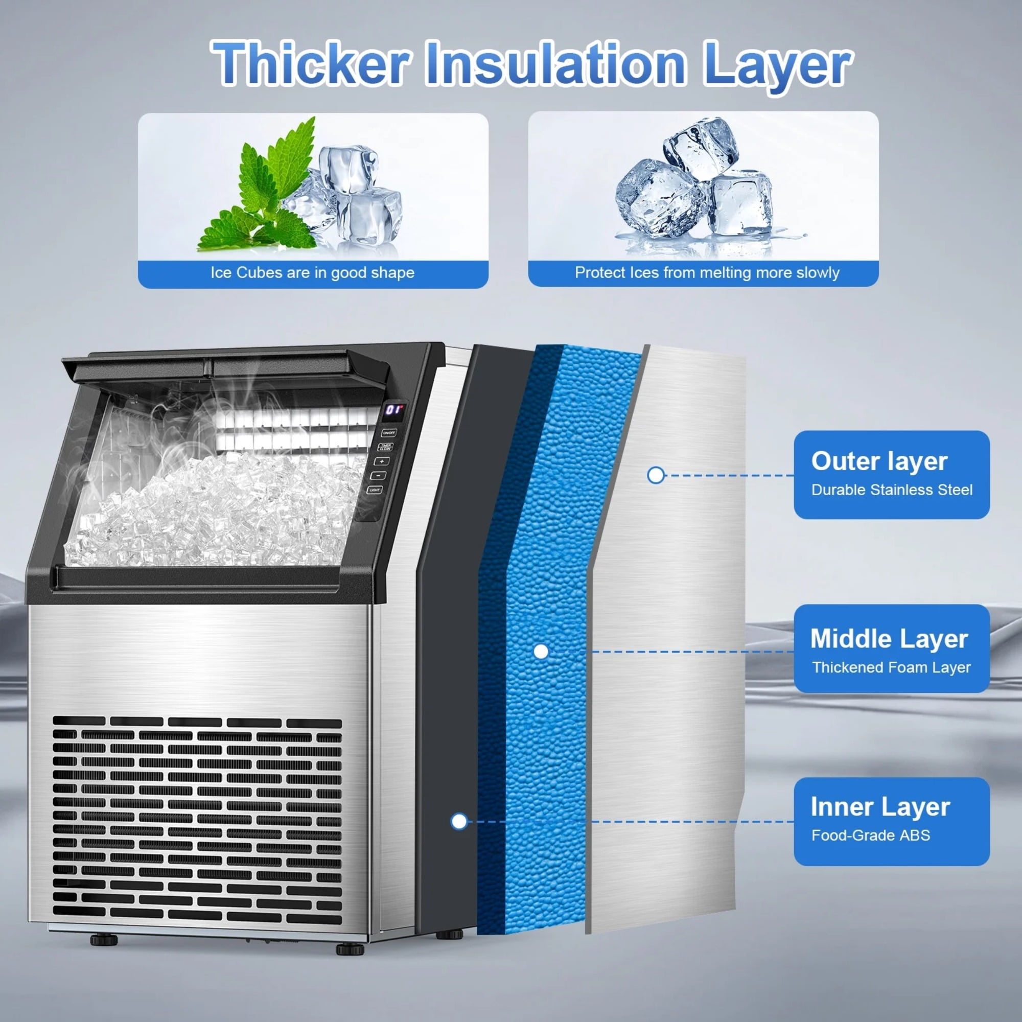 Auseo Commercial Ice Maker 80Lbs/24H,Freestanding/Built-in Ice Machine with 28 lb Storage Bin in Silver,Stainless Steel