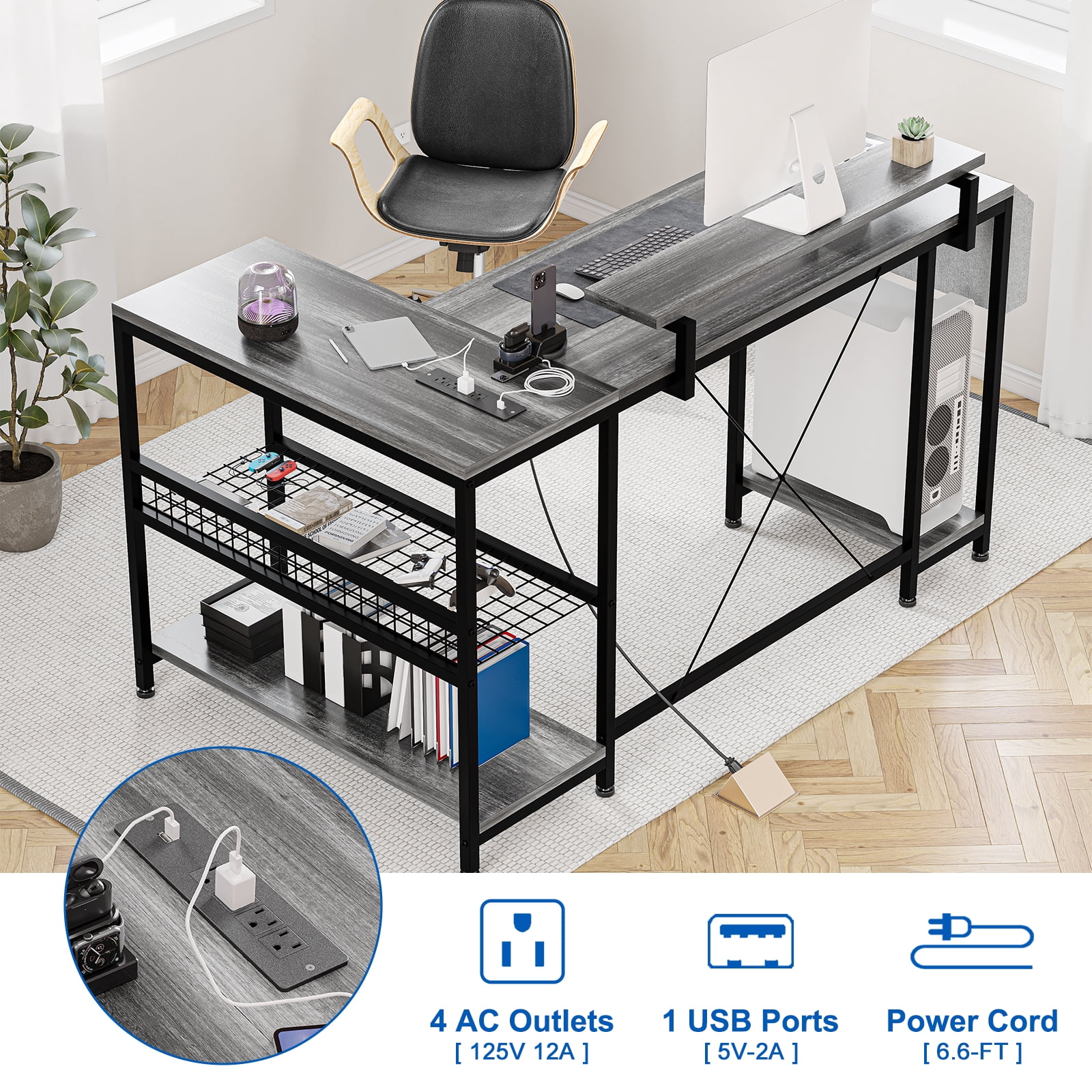 L Shaped Desk, Computer Gaming Desk with Power Outlet & Led Light, Reversible Corner Desk with Monitor Stand & Storage Shelves, Storage Bag for Home Office