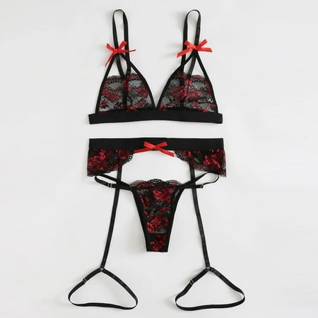 

B91xZ Lingerie For Women Embroidery Lingerie Lace Rose Underwear G-string Sleepwear Red Womens Sleepwear Sexy Black M