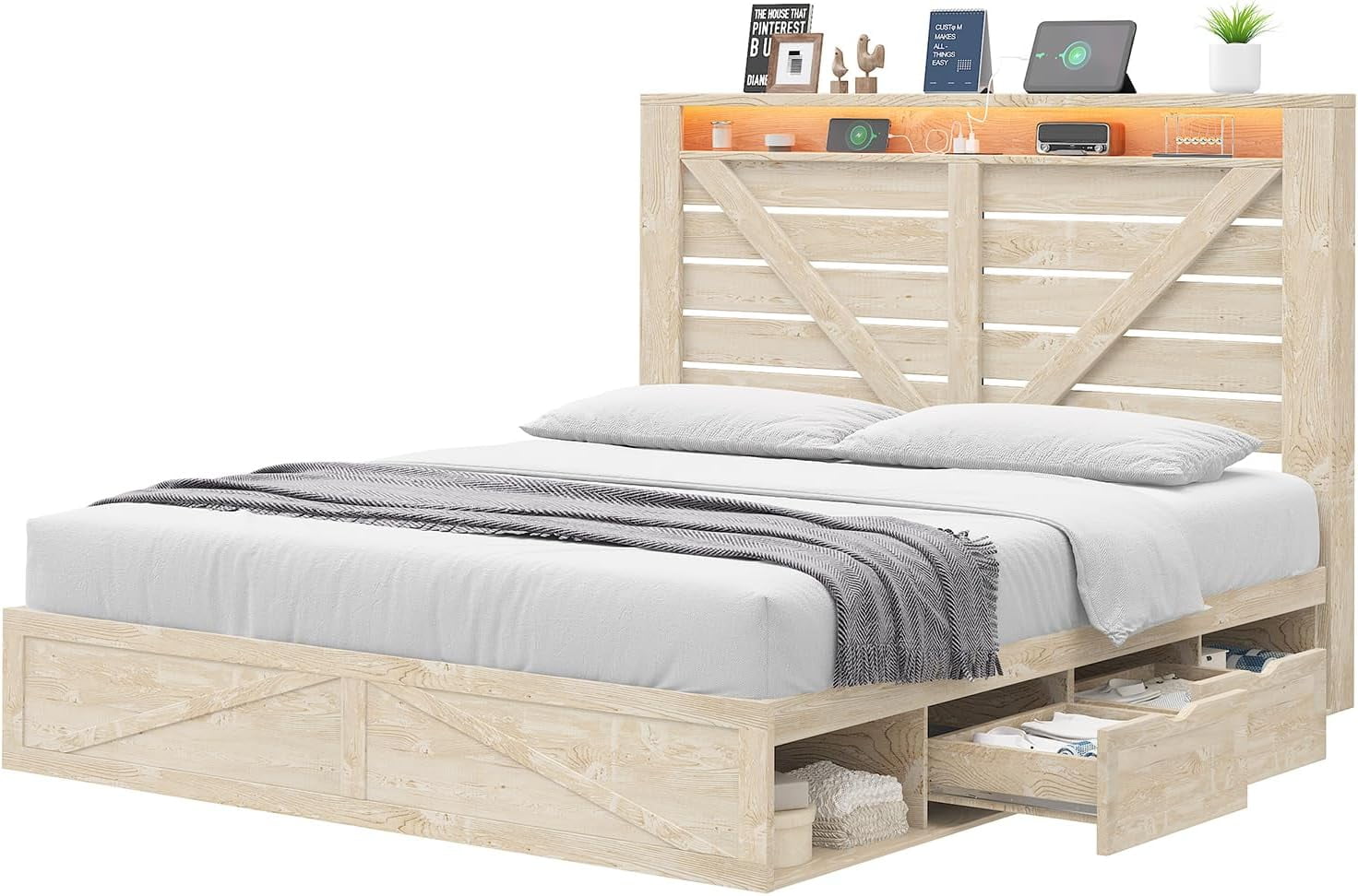 Amerlife Queen Size Storage Bed Frame with 4 Drawers & LED Light, Charging Station, Rustic White