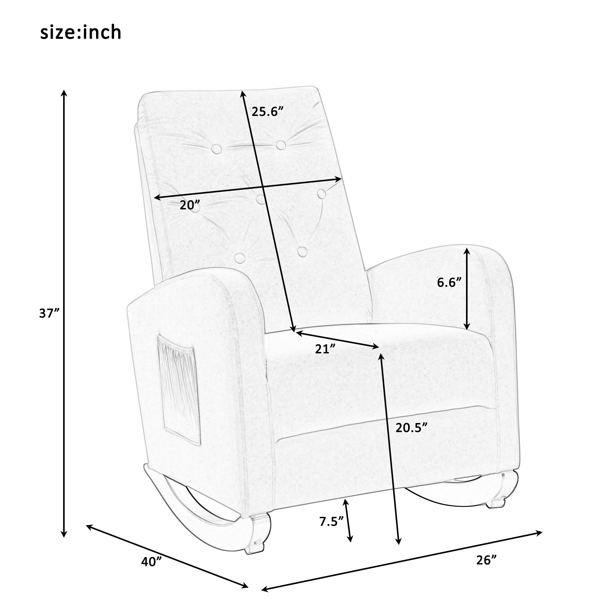 Ucloveria Modern Home Rocking Chair, Comfy Armchair with Side Pocket, Living Room Lounge Single Sofa, High Backrest with Decorative Buttons
