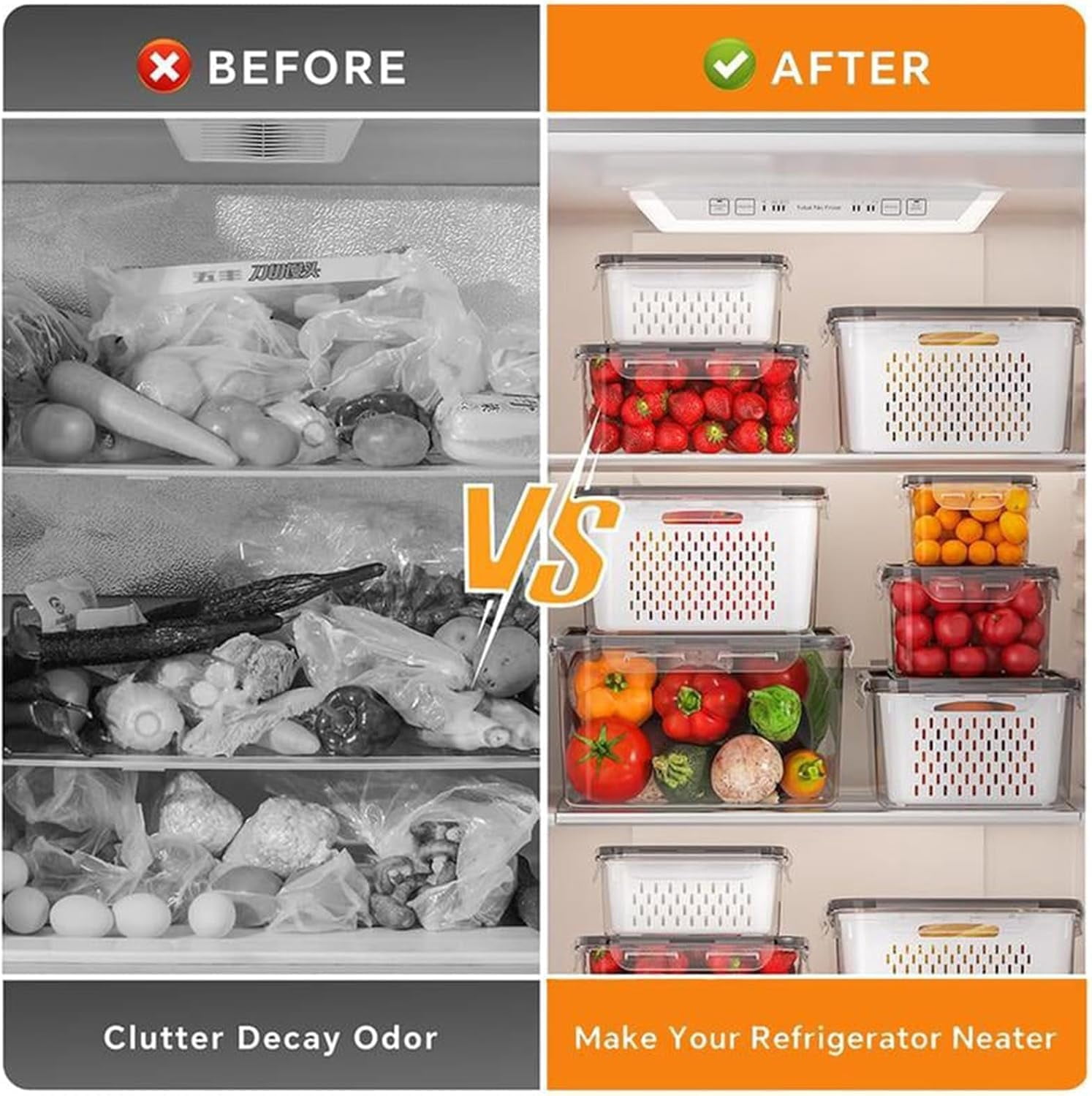 4 in 1 Food Storage Container for Fridge with Removable Colander,Household Plastic Food Storage Box,Airtight Produce Saver for Fruit,Vegetables