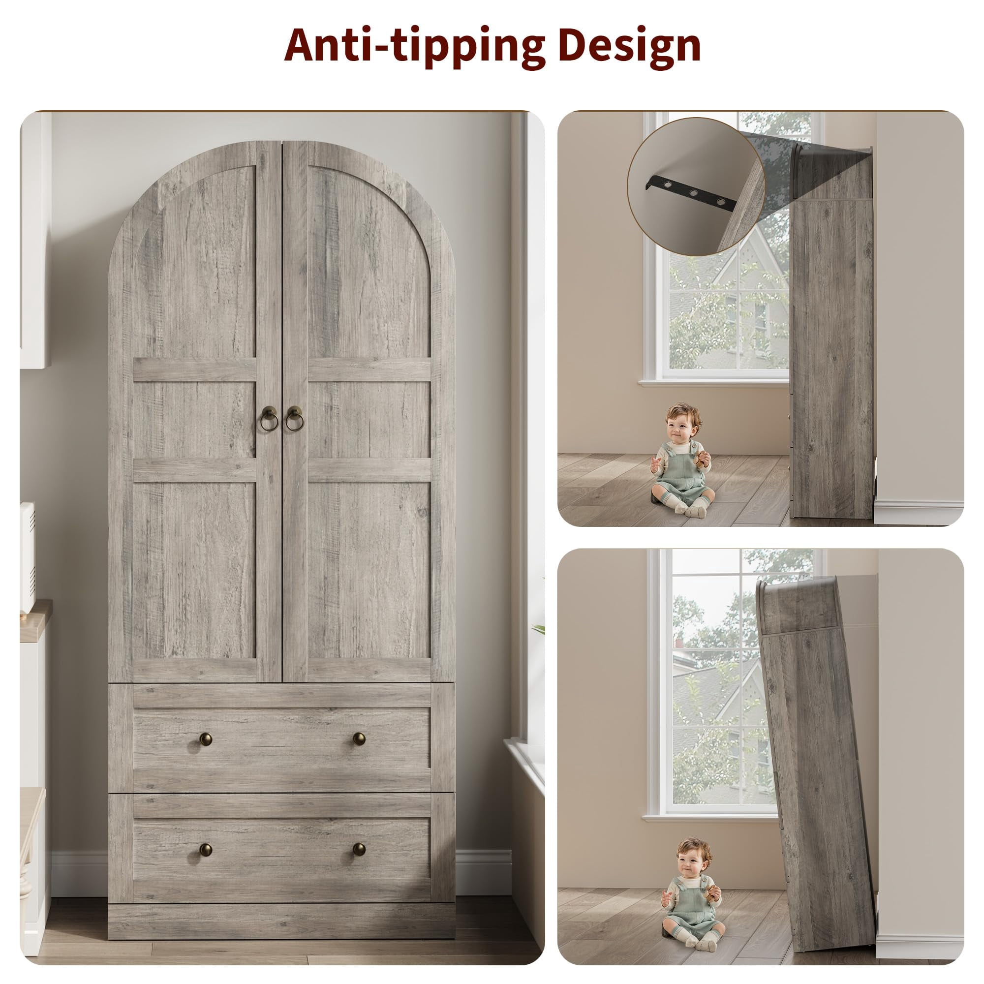 COZONY 72" Tall Arched Kitchen Pantry Cabinet, Farmhouse Wooden Storage with 2 Drawers & Wood Doors, Freestanding Buffet for Dining & Living Room,Gray