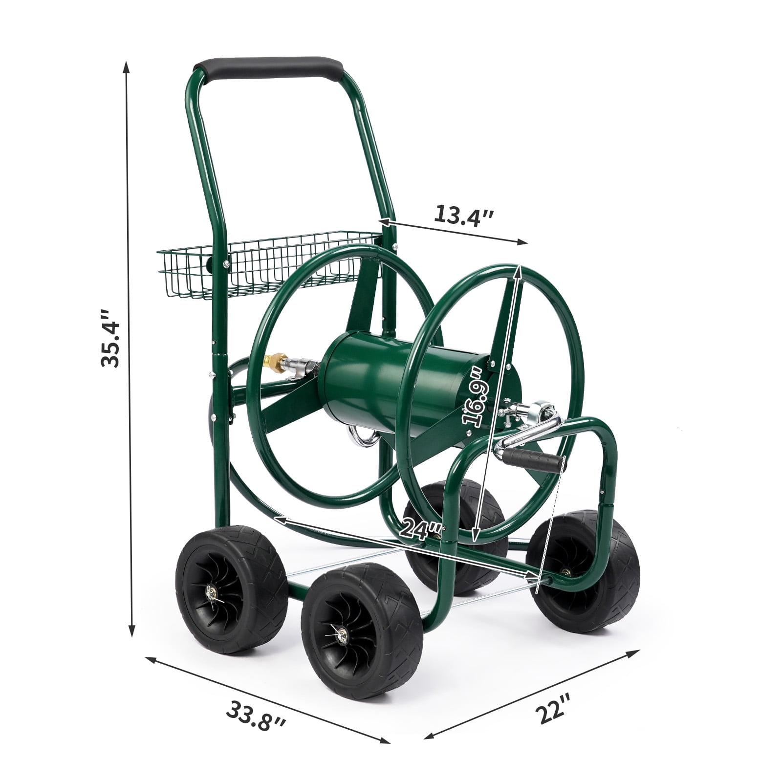 Garden Hose Reel Cart Holds 250ft Hose, Powder-Coated Steel Frame with Brass Fittings, 4-Wheel Mobile Design, Storage Basket, Outdoor Watering Cart for Yard Lawn Patio