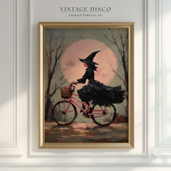 Pink Witch Fall Wall Art Print, Whimsical Cottagecore Halloween, Vintage Spooky Season, Seasonal Living Room And Home Decor