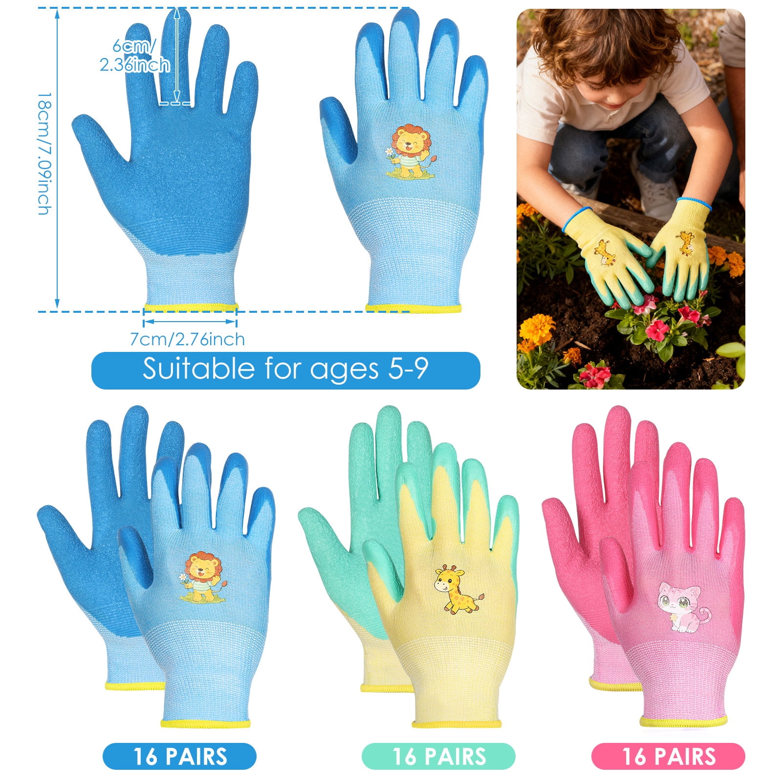 TMWEFUSC 48 Pairs Kids Gardening Gloves Non Slip Children Yard Work Glove Latex Coated Garden Hand Covers for Girls Boys Toddlers Outdoor, M(Suitable for Aged 5-9)