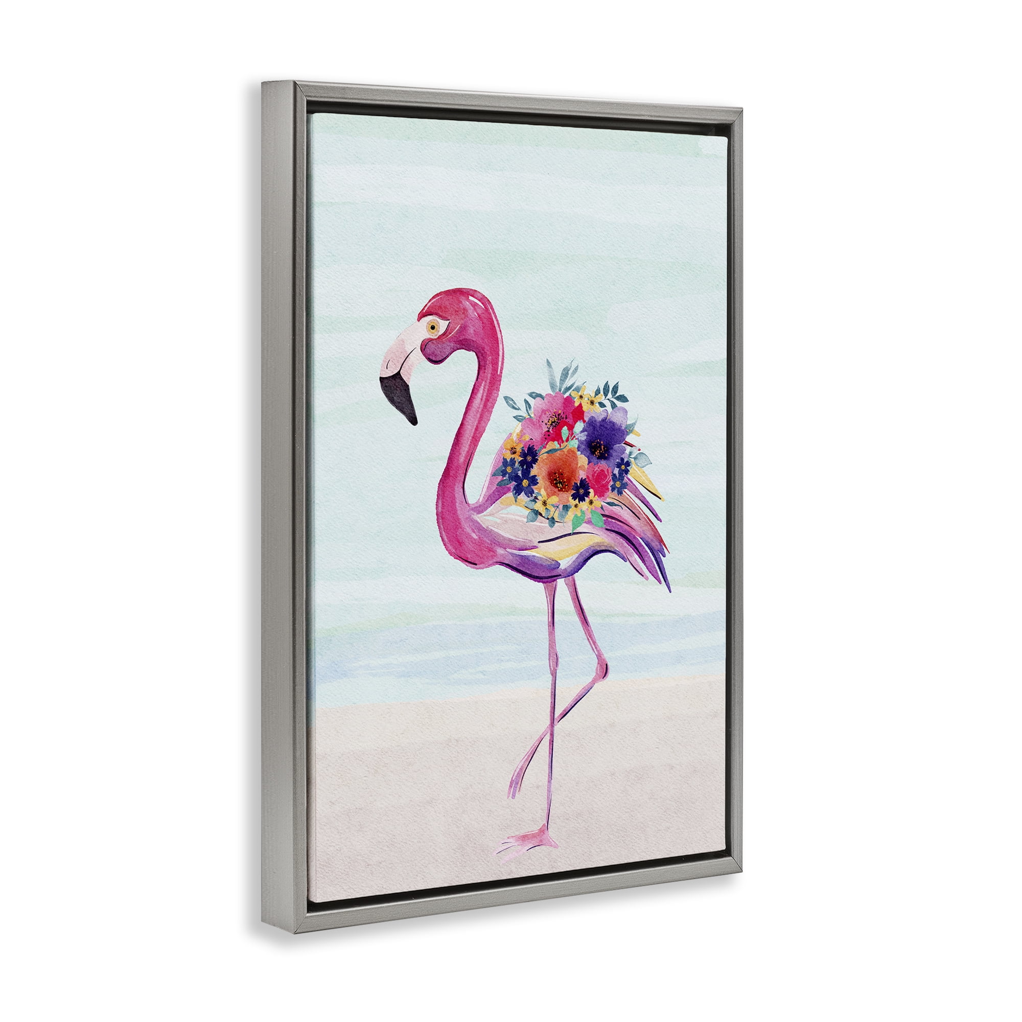 Stupell Industries Floral Flamingo Beach Plants & Flowers Painting Gray Floater Framed Canvas Art Print Wall Art, 21 x 31