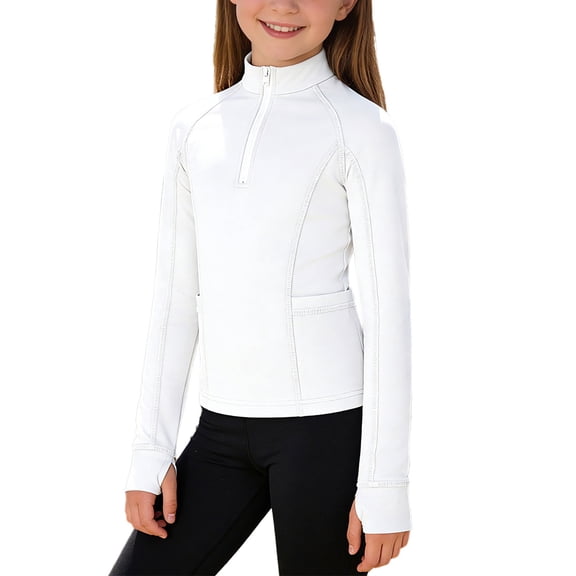 inlzdz Kids Girls Horse Riding Shirts Long Sleeve Half Zip Athletic Shirt for Equestrian Show Outdoor Cycling Jacket White 6