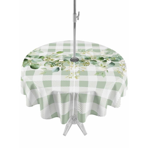 Outdoor Tablecloth with Umbrella Hole for Patio/Picnic/Party/Camping, Eucalyptus Leaves Waterproof Table Cloth Round Cover Washable, Green Plaid Farmhouse Watercolor (Dia 54")