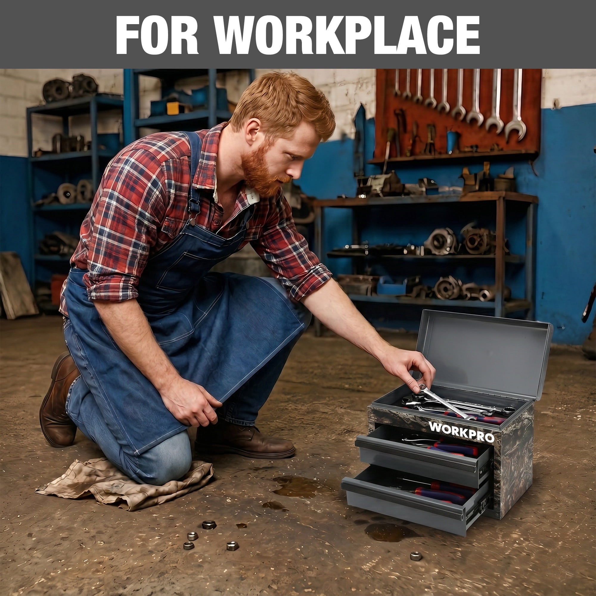 WORKPRO Mini Tool Box with 2 Drawers and Top Storage, Upgraded Version with Ball Bearing Slides, Small Metal Tool Chest with PVC Liners and PP Feet Pads, Camouflage.