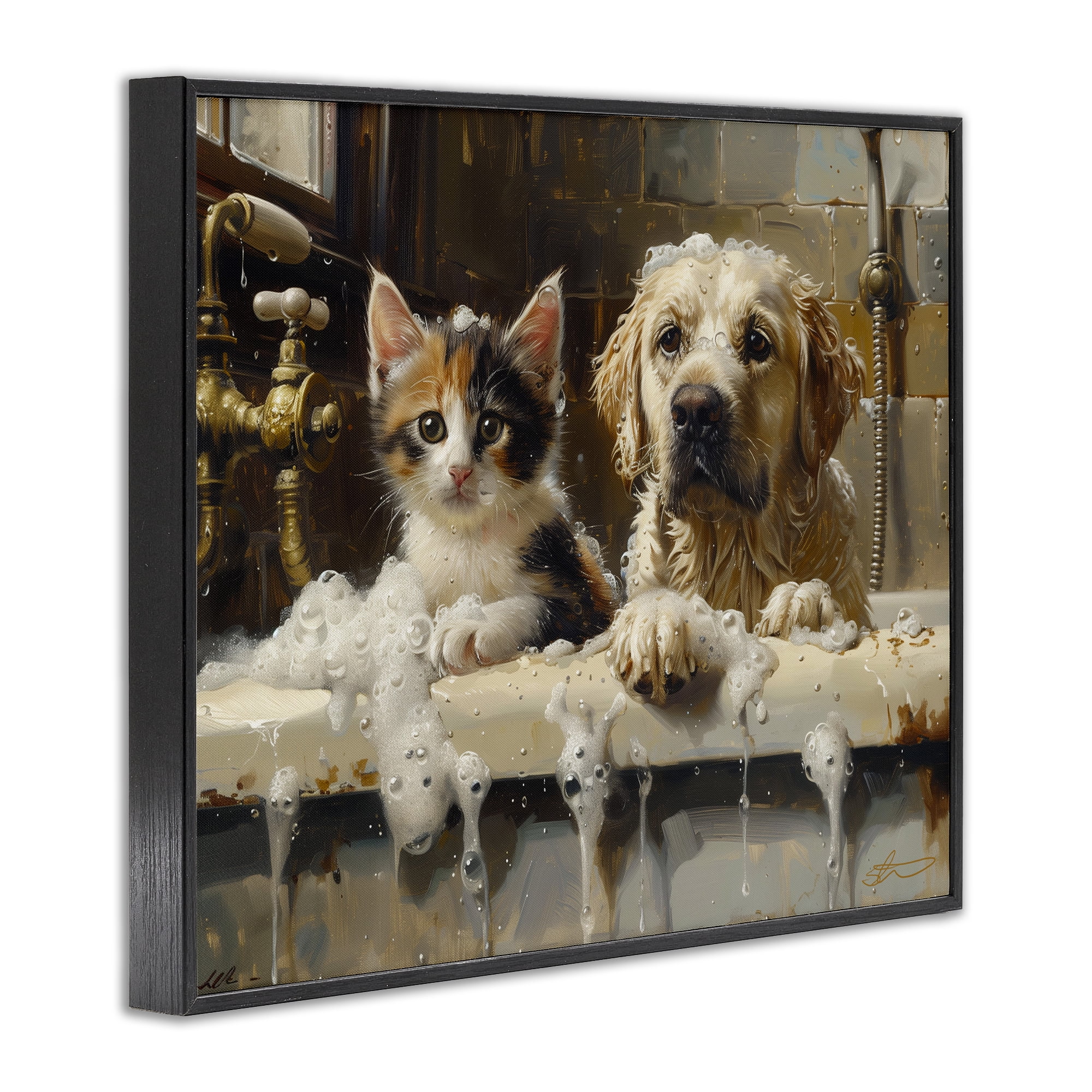 Bath Buddies Cat & Dog Black Framed Giclee Art, design by Shawna Stewart