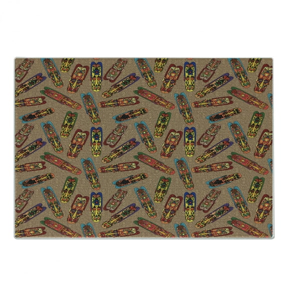 African Cutting Board, Bakongo Colorful Design with Swirls Honoring the Elder Ones Totem, Decorative Tempered Glass Cutting and Serving Board, Small Size, Multicolor, by Ambesonne