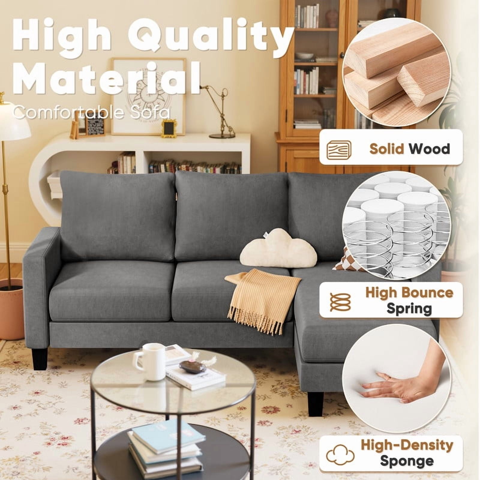 Homall Convertible Sectional Sofa Couch, Modern Linen Fabric L-Shaped Couch 3-Seat Sofa Sectional with Reversible Chaise for Small Living Room, Apartment and Small Space, New Dark Gray