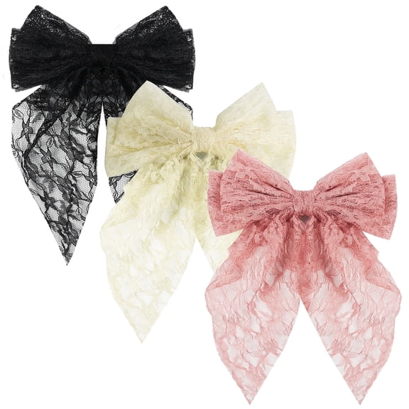 Mber 3 Pack Lace Hair Bows Clips for Women,  Large Ribbon Bow Barrettes, Elegant Hair Accessories for Girls Party, Wedding, Birthday, Pink, White and Black