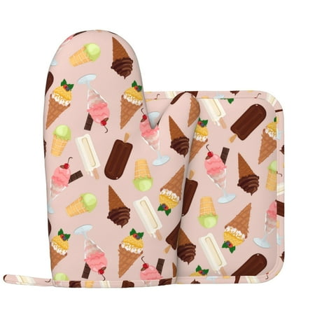

Oven Mitts and Pot Holders Sets Ice Cream Cone Print Non-Slip Silicone Oven Gloves Potholders Cotton Lining Heat Resistant Gloves Hot Pads for Kitchen Cooking Baking