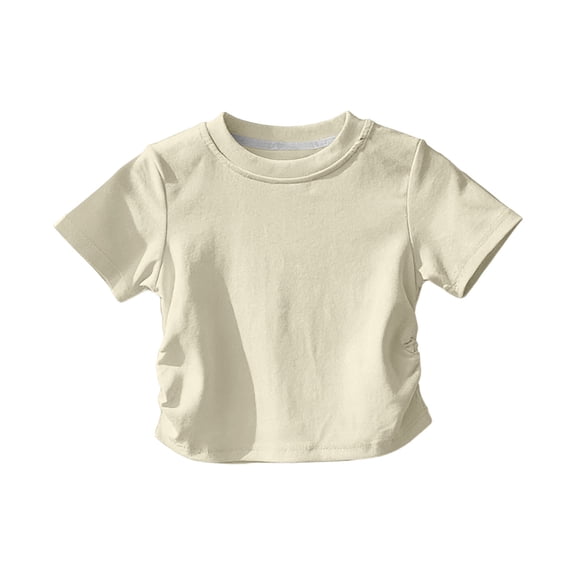 BFHHYA Girls Short Sleeve Shirts Ruched Side Crew Neck T-Shirts Solid Color Summer Basic Tops for Girls 1-11 Years