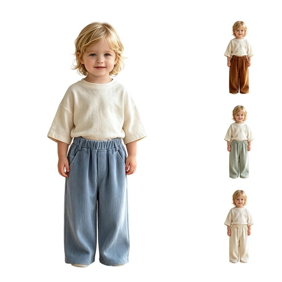 Ticikt Kids Corduroy Pants, Elastic Waist Solid Color Loose Wide‑Leg Trousers, Casual Straight Bottoms for Boys Girls,Blue