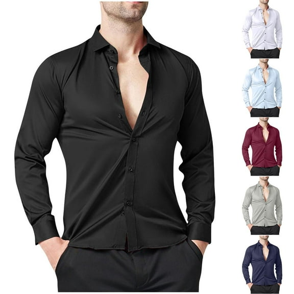 DDAPJ pyju Mens Dress Shirt Slim Fit Long Sleeve Business Casual Button Down Shirts Formal Wedding Shirt Black L
