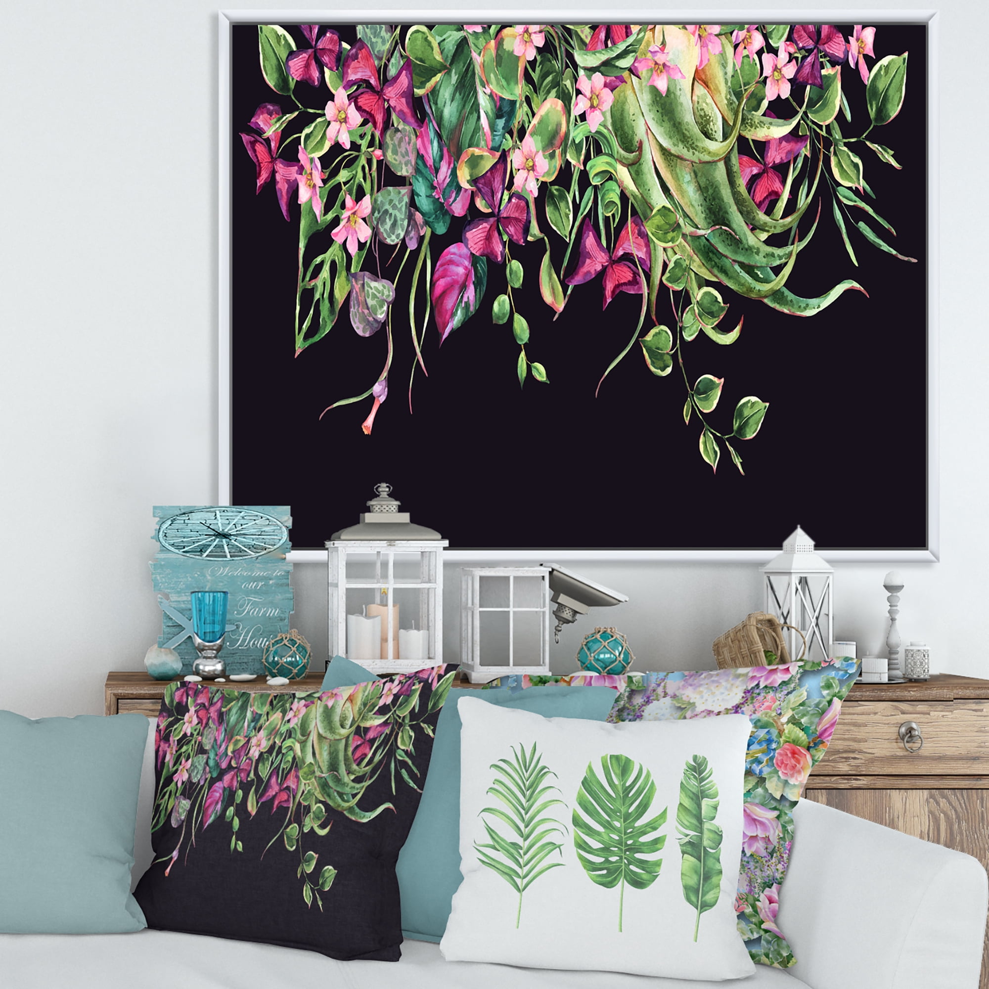 Designart 'Floral Tropical Leaves On Black Background' Farmhouse Framed Canvas Wall Art Print