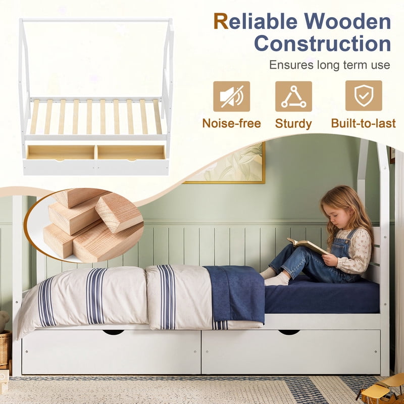 Twin Size Kids House Bed Frame, Montessori Child Floor Bed with 2 Storage Drawers, Wooden Low Profile Platform Bed
