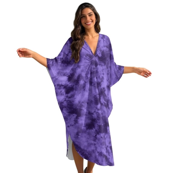 Xoenoiee Purple Tie Dye Print Plus Size Kaftan Dress for Women Casual Caftan Bathing Swim Cover Up V Neck Boho Maxi Beach Dress Lightweight Loungewear