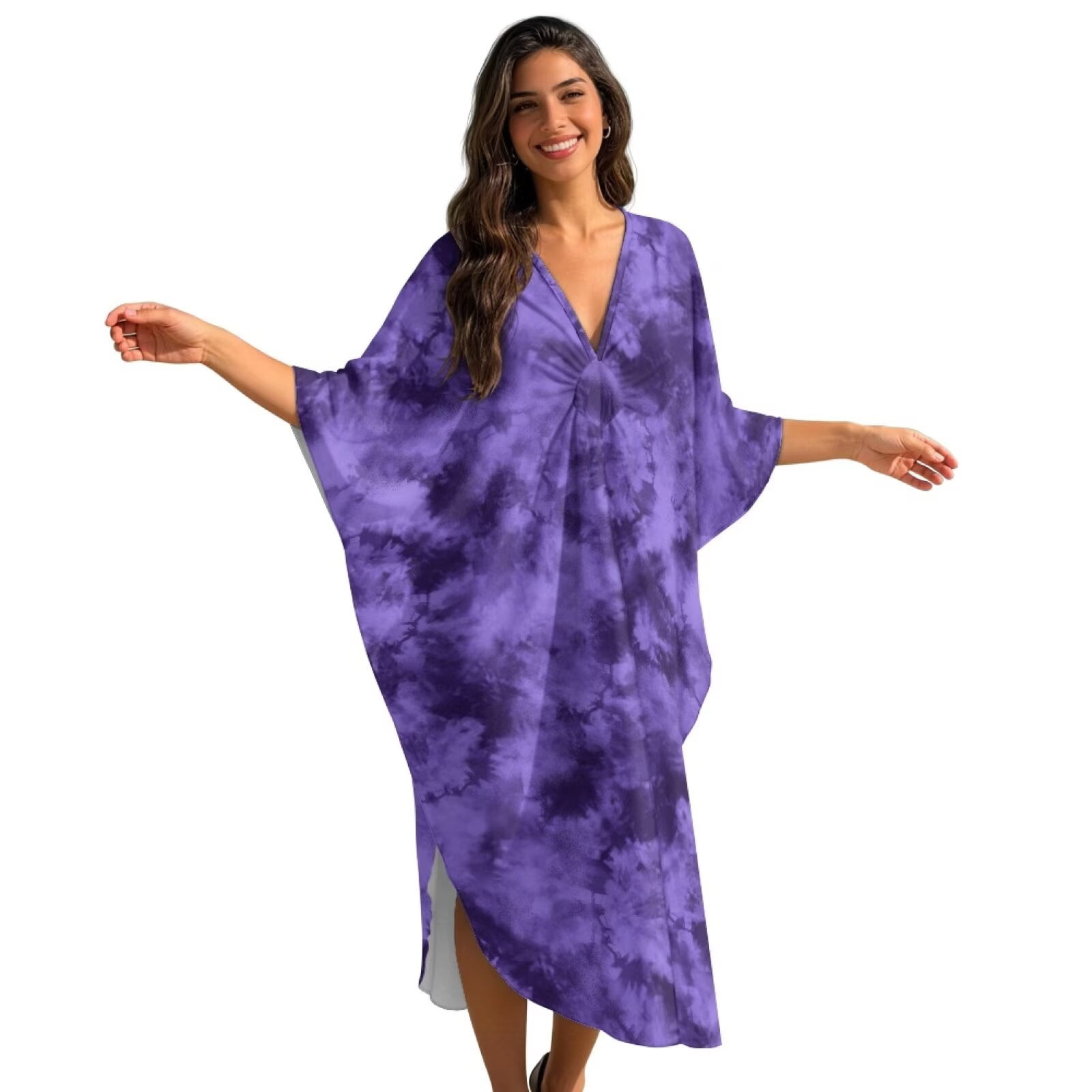 Xoenoiee Purple Tie Dye Print Plus Size Kaftan Dress for Women Casual Caftan Bathing Swim Cover Up V Neck Boho Maxi Beach Dress Lightweight Loungewear