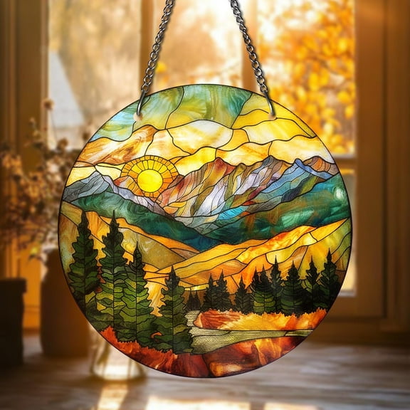 Mountain Range STAINED GLASS Style Wall Mounted Window Hanging Made With Stained Glass