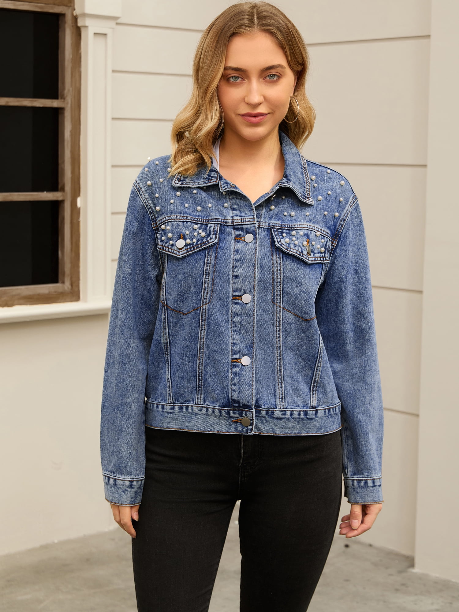 Unique Bargains Women's Jean Jacket Long Sleeve Button Up Denim Jackets M Blue