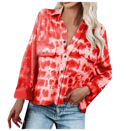 

ASEIDFNSA Black T Shirts for Women Short Sleeve Scrub Jackets Women S Fashion Tie-Dye Print Lapel Long Sleeve Blouse Casual Tee Shirts