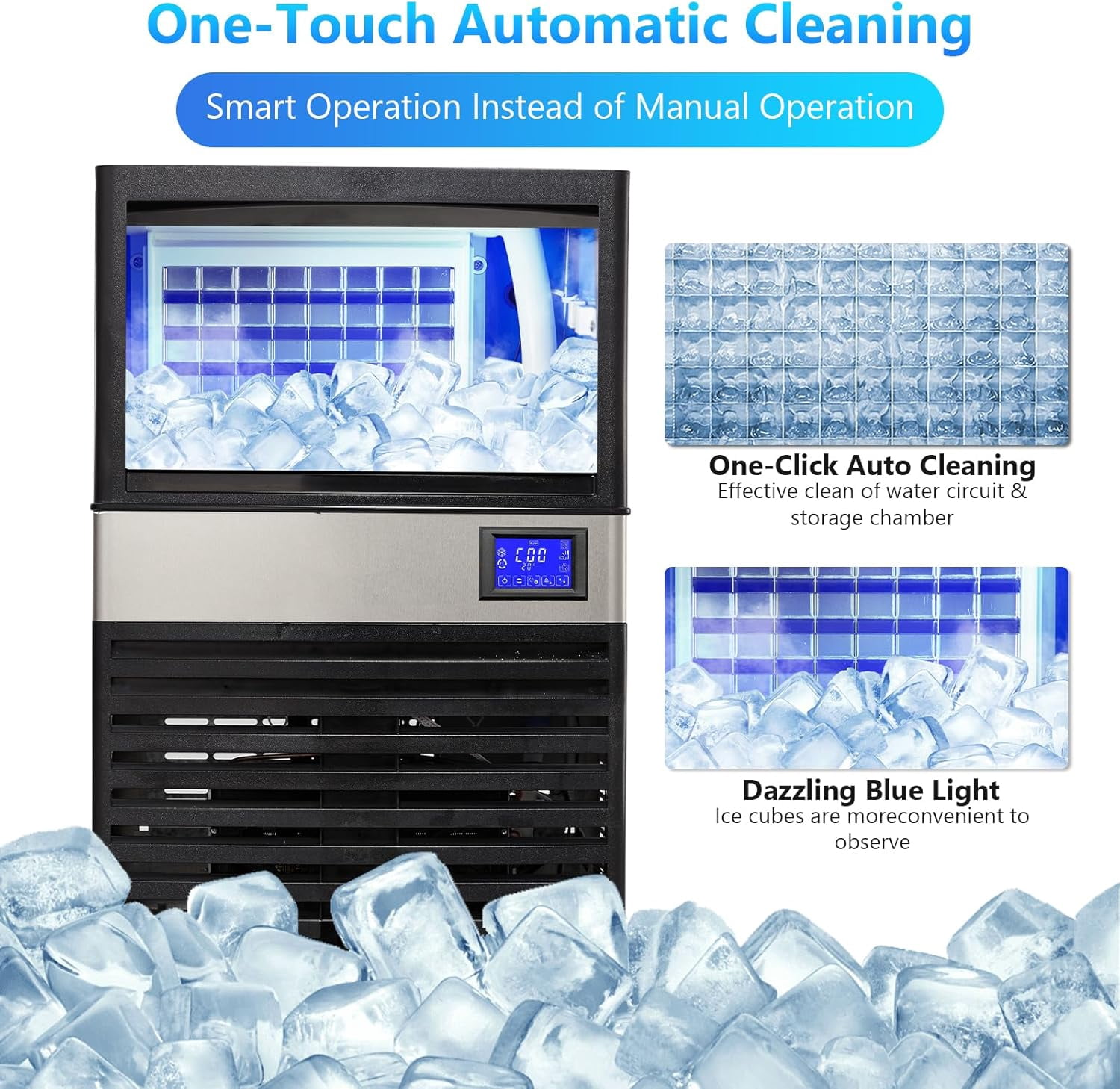 Commercial Ice Maker Machine 110LBS/24H, Undercounter Ice Maker with 27LBS Storage Bin, LCD Panel with Blue Light, Electric Drain Pump, Water Filter & Scoop, Ice Maker for Business, Home, Bar, Coffee