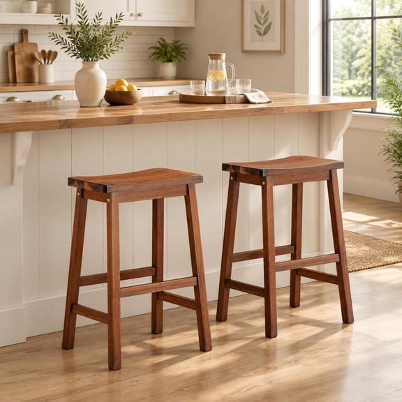 Set of 2 Saddle-Seat Counter Height Stools, Curved Seat, Footrests, Walnut