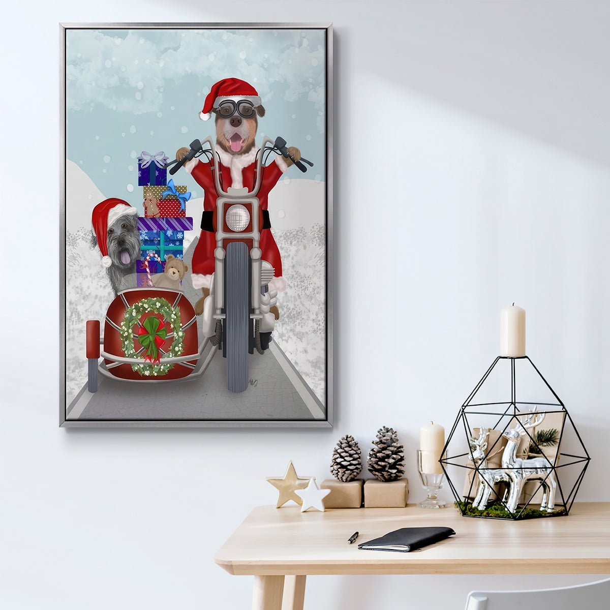 Christmas Mutts Christmas Chopper - Framed Gallery Wrapped Holiday Canvas - 17 x 25 - Silver Frame