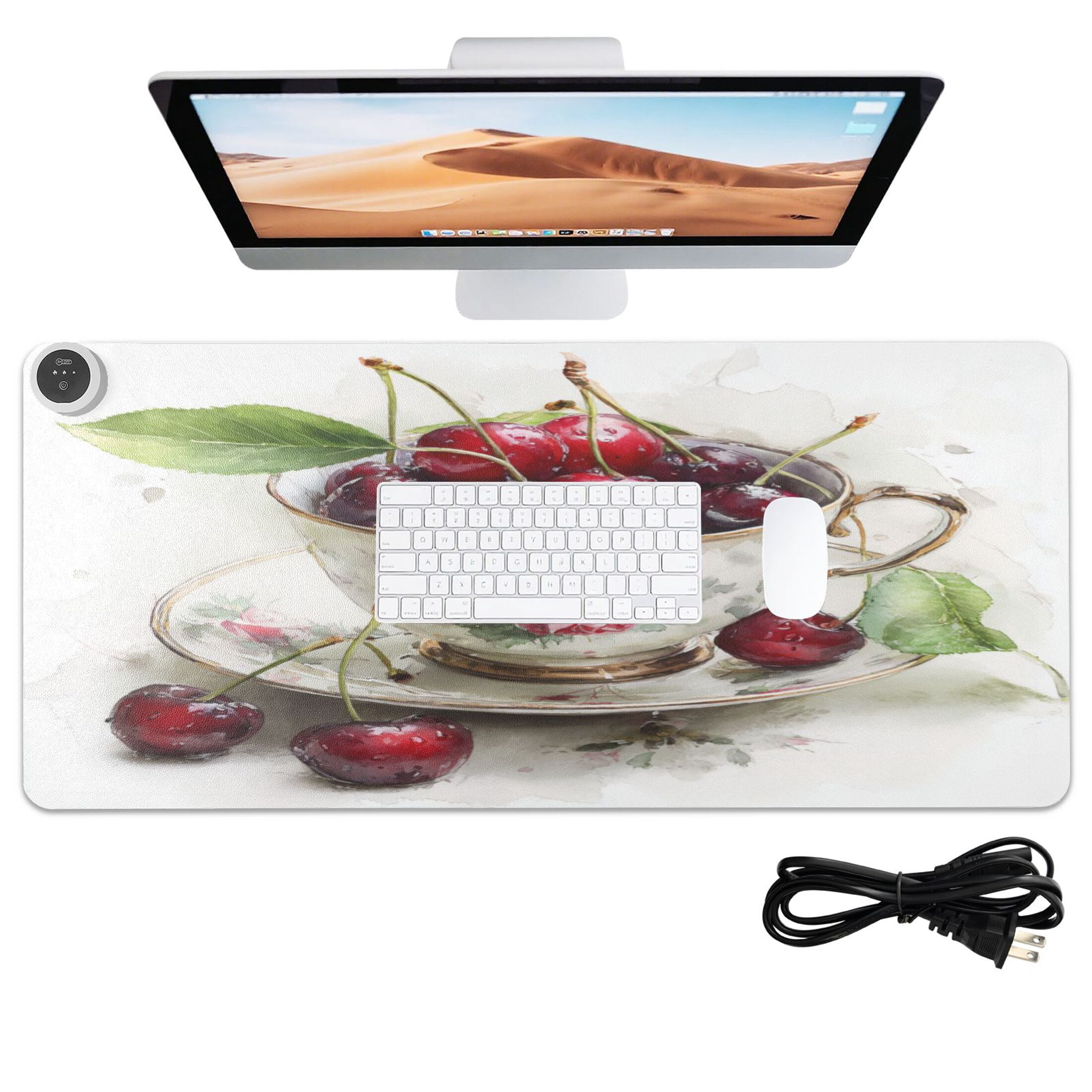 Large Heated Desk Mat Mouse Pad 31.5"x13"PU Leather Graphene Heating Desk Warmer with 3 Temperature Settings 110V US Plug Non-Slip Warm Pad for Home, Office, and Gaming Teacup Filled with Cherries