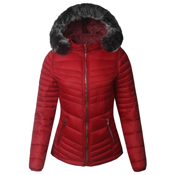 FashionOutfit Women's Casual Reversible with Detachable Faux Fur Hoodie Packable Puffer Jacket