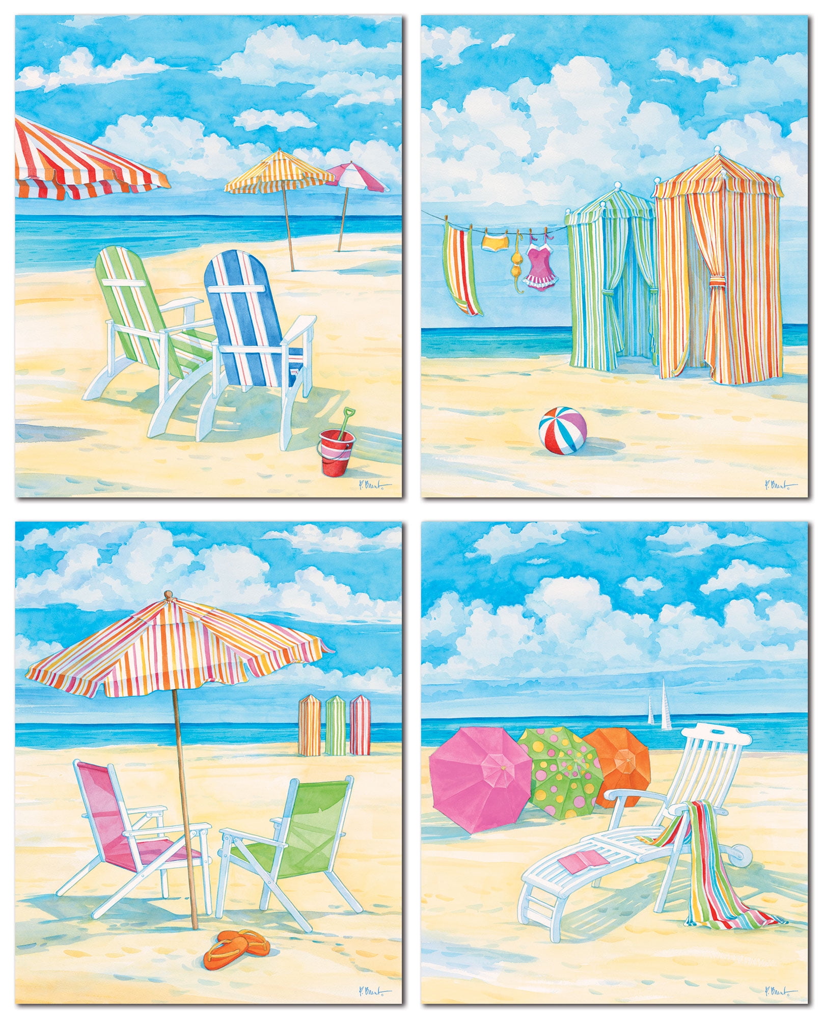 Oceanside I Vintage, Colorful Day at the Beach Prints; Four 8X10 Poster