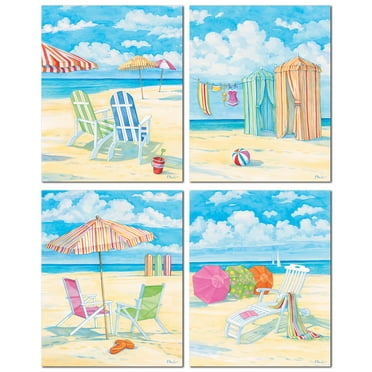 Coastal Blue and Beige Oceanside Beach Chair Adult Decor; 4 - 8" x 10" Unframed Print