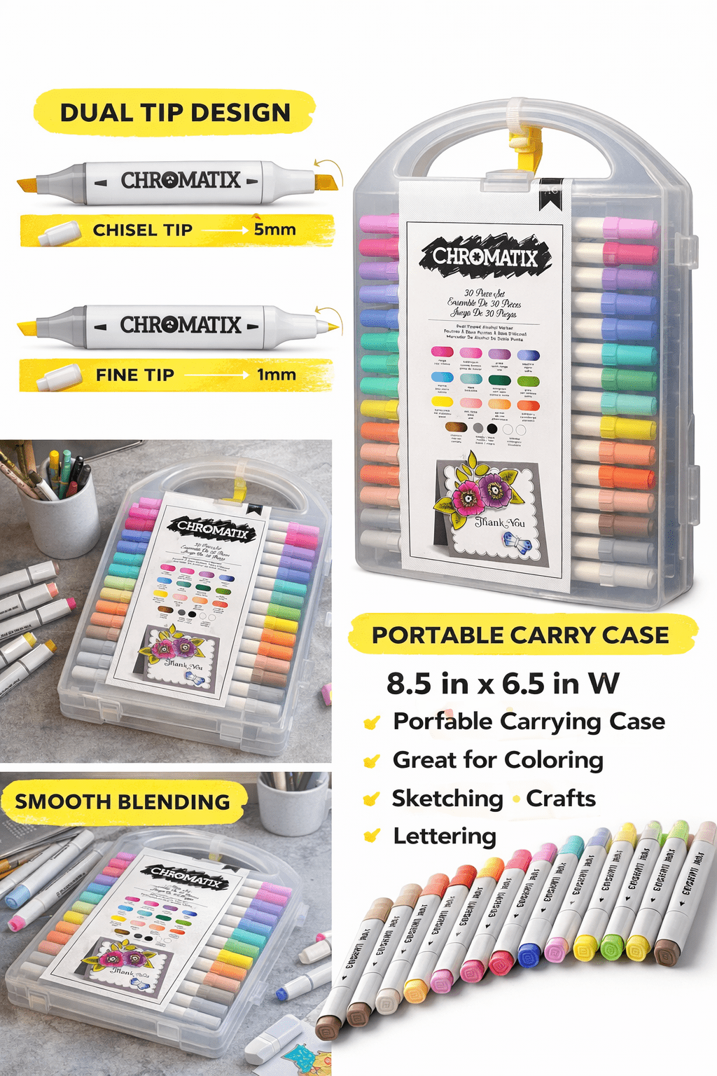 Chromatix Dual Tip Alcohol Markers, 30-Piece Set with Carrying Case, Assorted Colors
