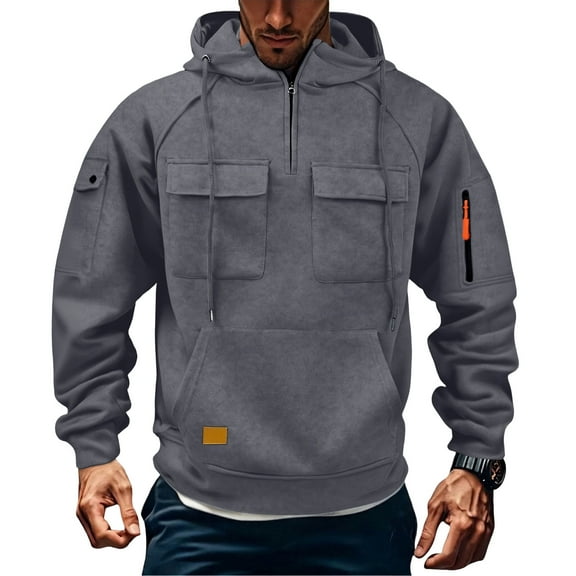 Dresfit Men's Quarter Zip Hoodies Hooded Tactical Sweatshirts Fleece Long Sleeve Outdoor Pullover Fall Winter Multi Pockets Zipper Cargo Tops Dark Gray XL