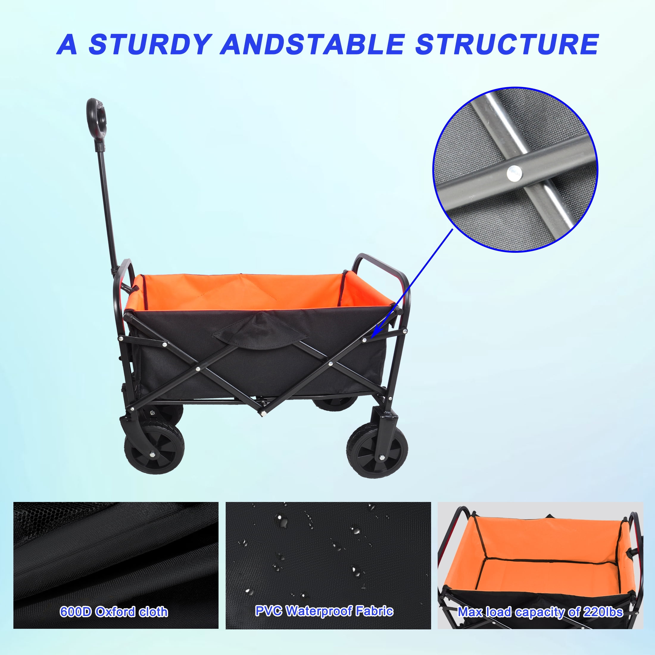 MAYEERTY Mini Folding Wagon Cart, 220LBS 600D Oxford Steel Frame, No Assembly for Garden Beach Shopping, Black-Yellow