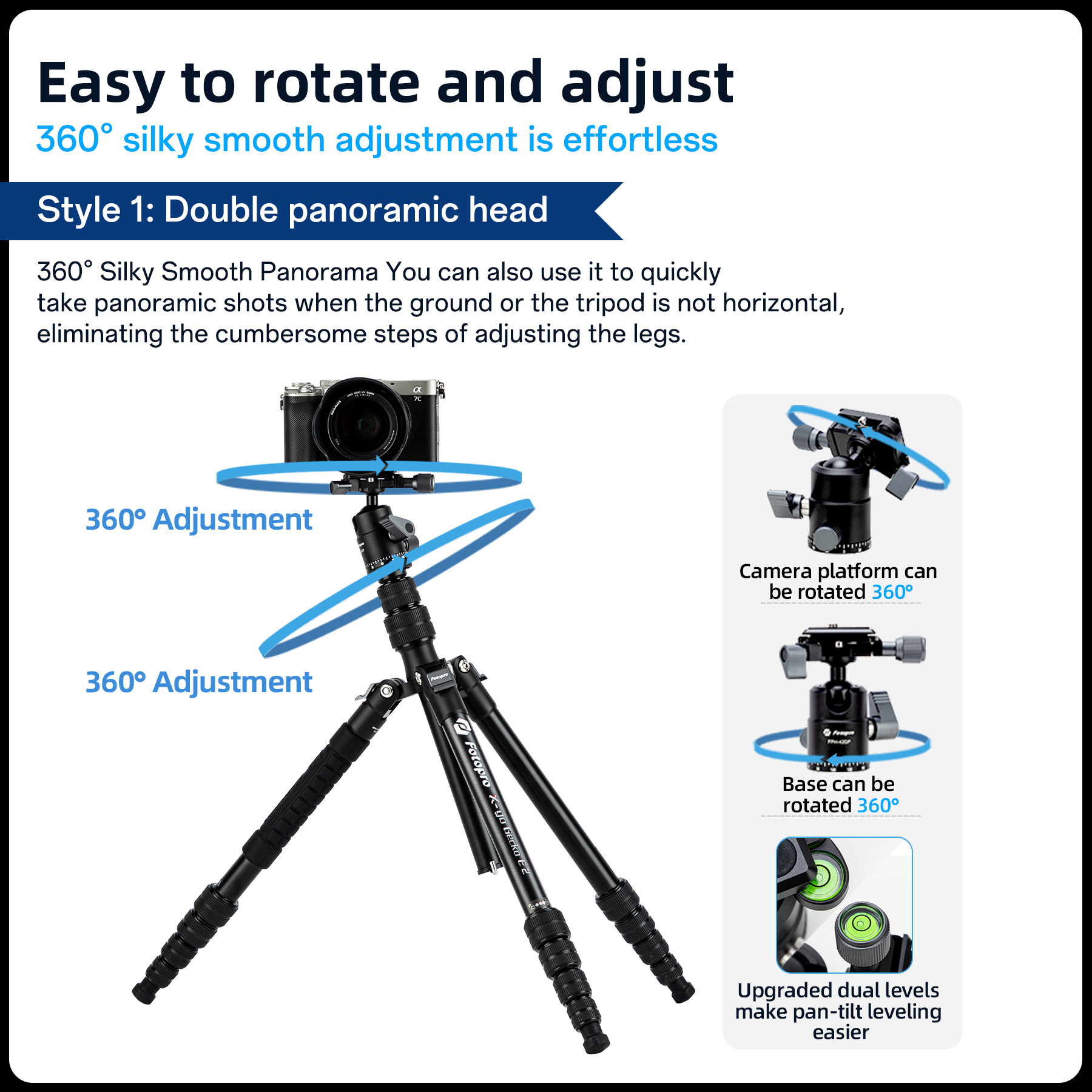 Fotopro 58" Aluminum Camera Tripod with Ball Head, Lightweight & Stable, Detachable Monopod with QR Plate, Inverted Center Column, Max Load 8kg/17.6 lbs, X-Go Gecko E 2