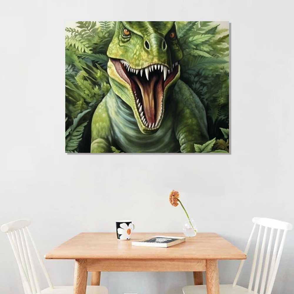 JRXY  Watercolor Dinosaur Wall Art Poster, Set of  Dinosaur Prints for Boys Room, T-rex Pterosaur Triceratops Dinosaur Canvas Painting with Tropical Botanical Painting,  16x12in